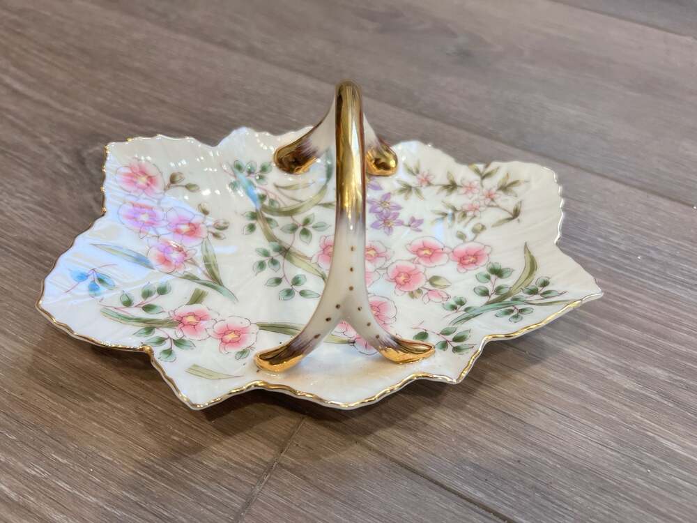 Burton & Burton Antique Leaf-Shaped Floral Serving Dish with Gold Handle